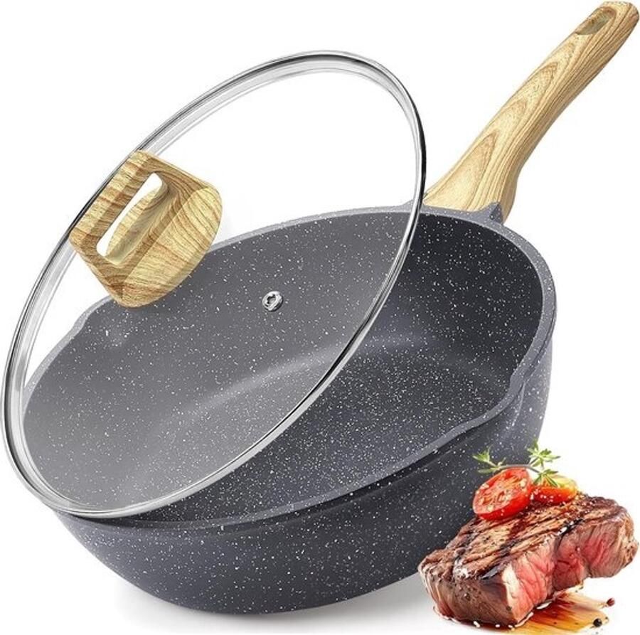 Wokpan met Deksel Koekenpan Pan Gezond Koken Granieten Anti-aanbaklaag 4.5 Liter Wit