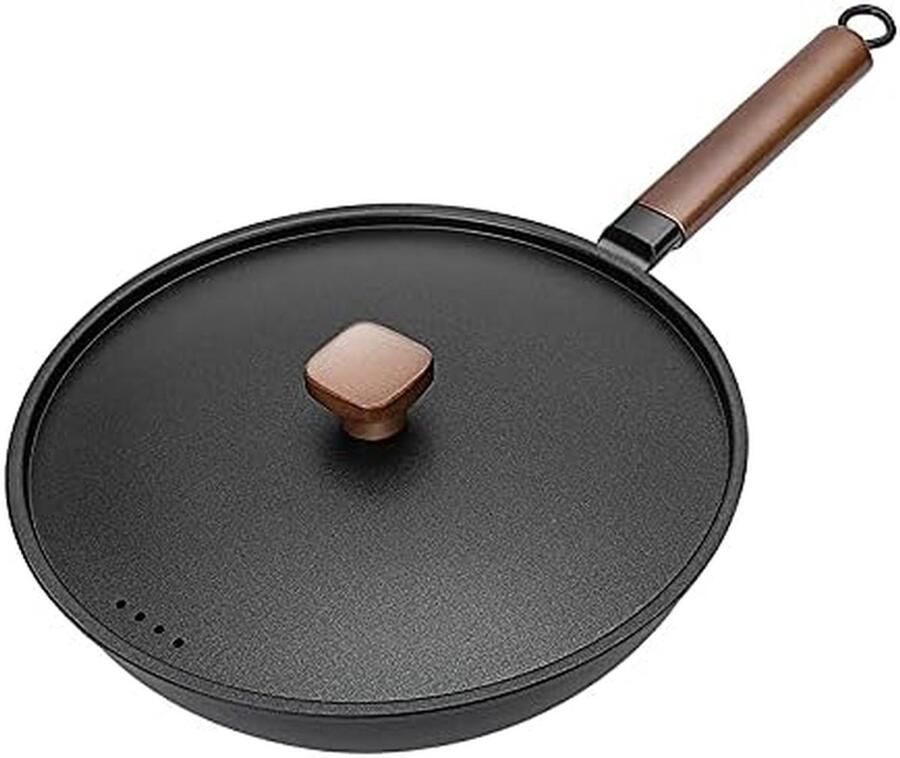 Wokpan met Deksel Koekenpan Roerbak Veelzijdig Koken Platte Bodem 30 cm Zwart
