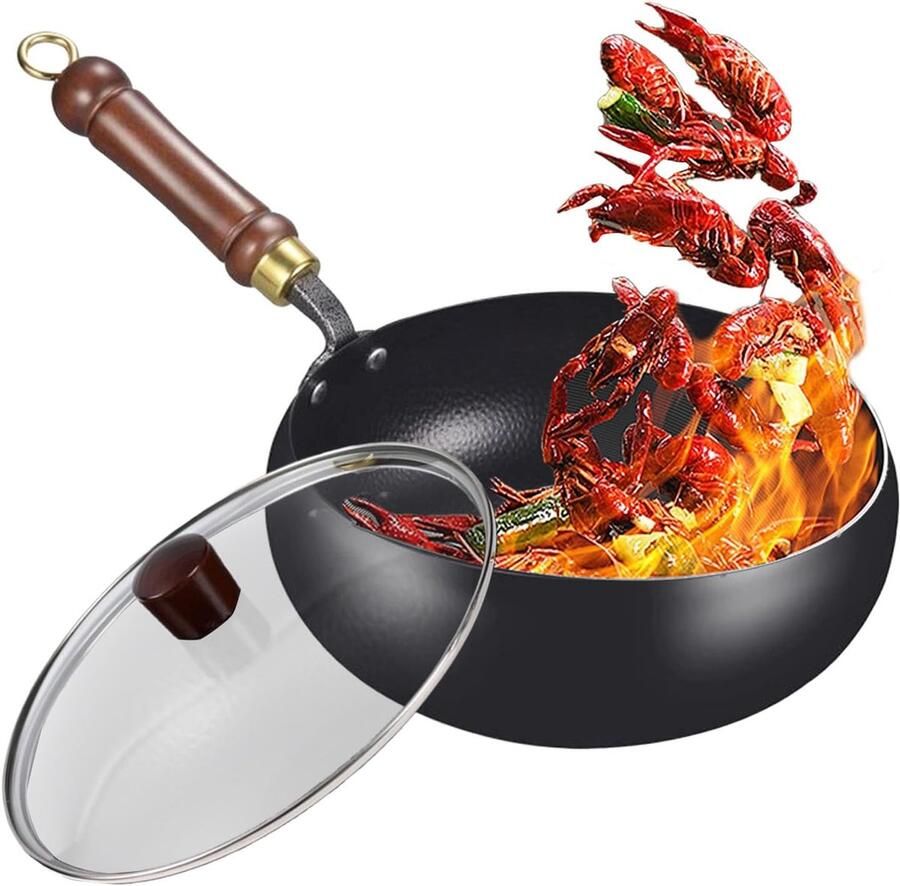 Wokpan met deksel Kookpan Buiten koken Koolstofstaal 24 cm Gegolfd patroon