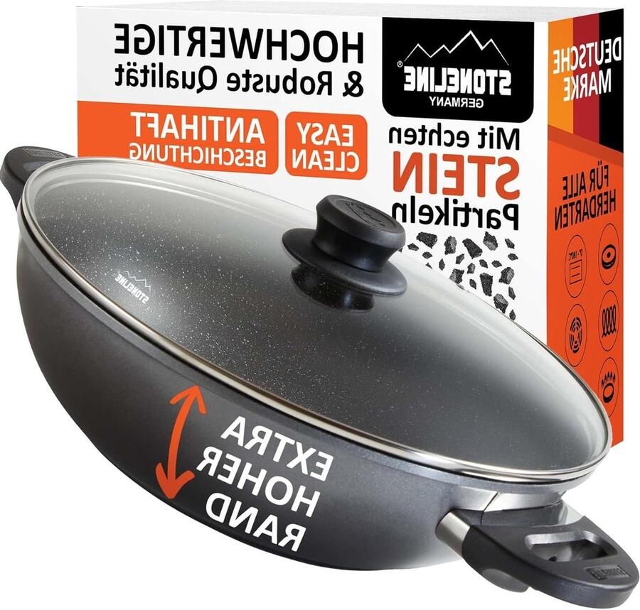 Wokpan met Deksel Kookpan Koekenpan Aziatisch Koken Echte Steen Deeltjes 32 cm Grijs