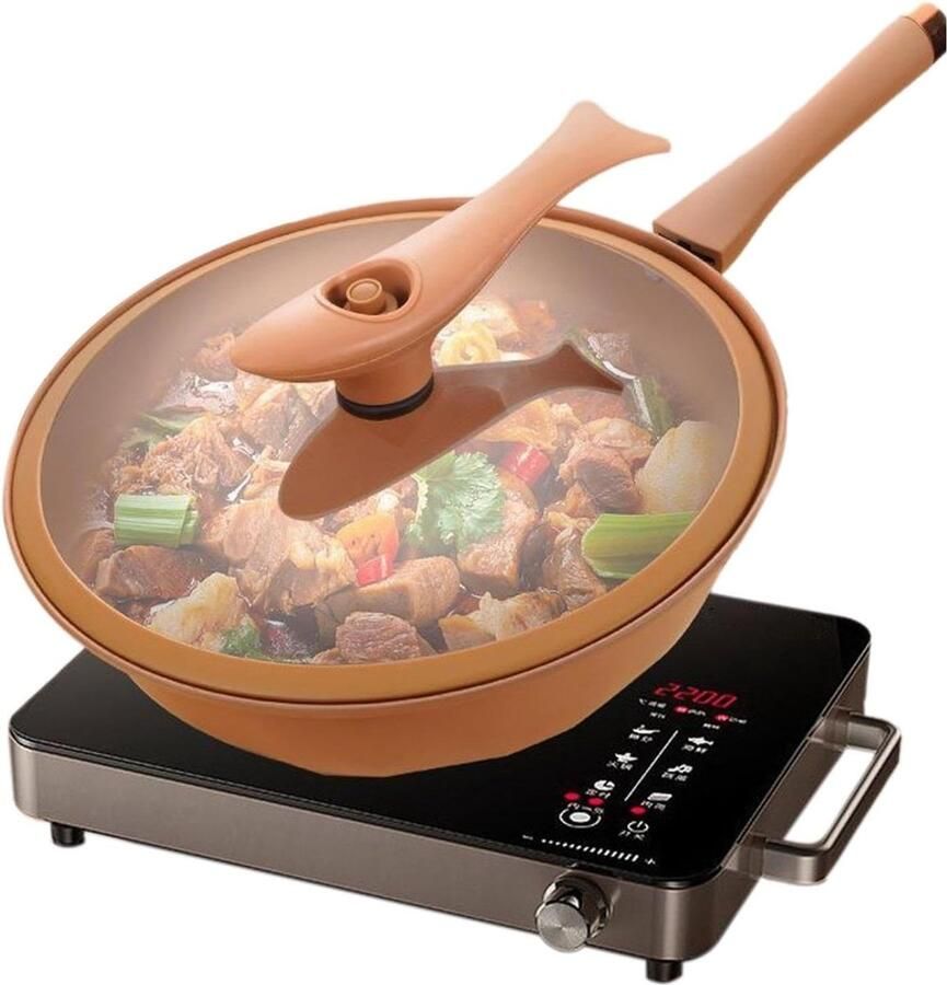 Wokpan met deksel Oosterse pan Koekenpan Gezond Koken Trapeziumstructuur 32 cm Zwart