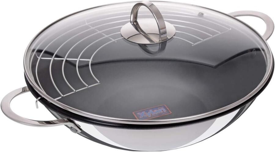 Wokpan met deksel Roerbakpan Aziatisch koken Antiaanbaklaag 32 cm Zwart
