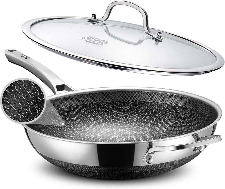 Wokpan met Deksel Roerbakpan Braadpan Snel Koken Honingraat Antiaanbaklaag 30 cm Roestvrij Staal