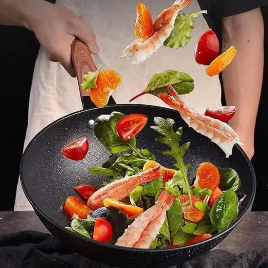 Wokpan Met Deksel Roerbakpan Campingpan Gelijkmatig Koken Met Stoommandje 32 cm Zwart