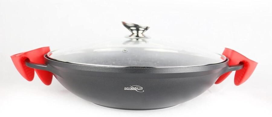 Wokpan met deksel Roerbakpan gegoten aluminium Lekker koken Marmeren antiaanbaklaag 36 cm Zwart
