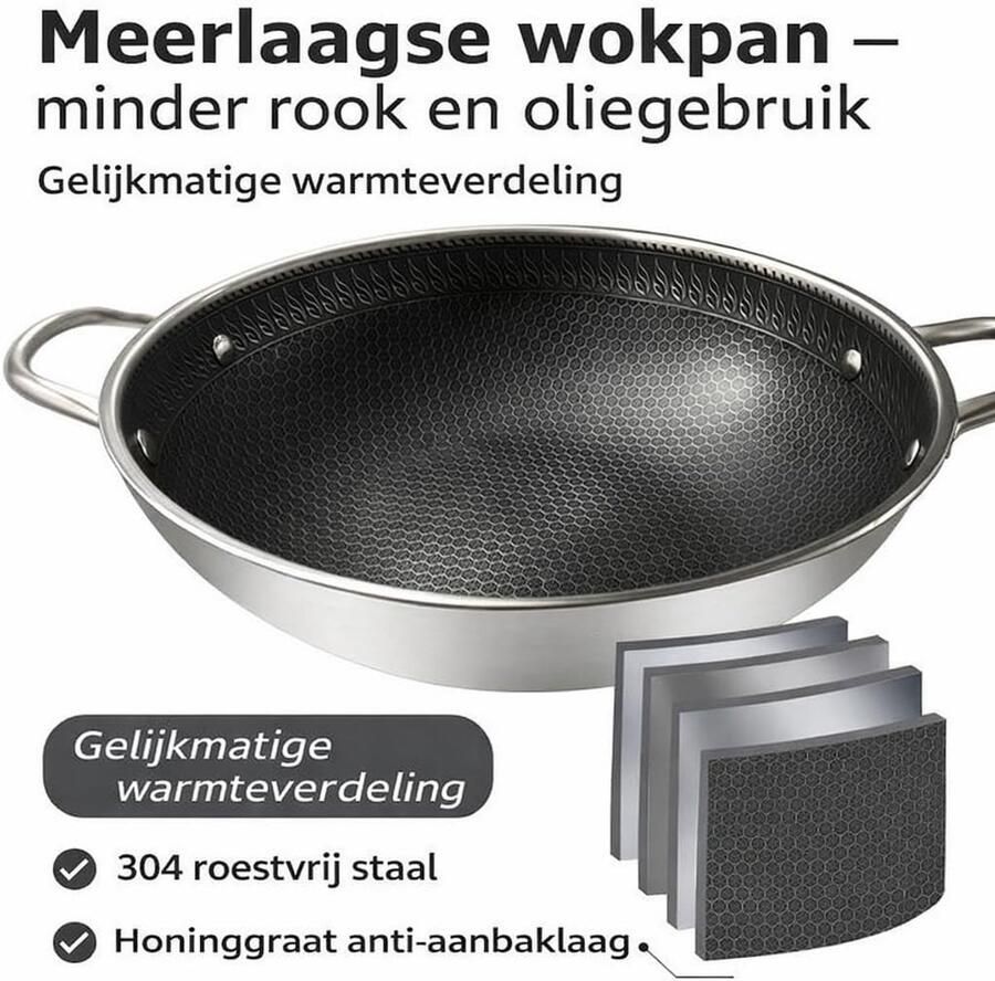 Wokpan met Deksel Roerbakpan Gezond Koken Honingraat Anti-aanbaklaag 40 cm Diameter Zilver