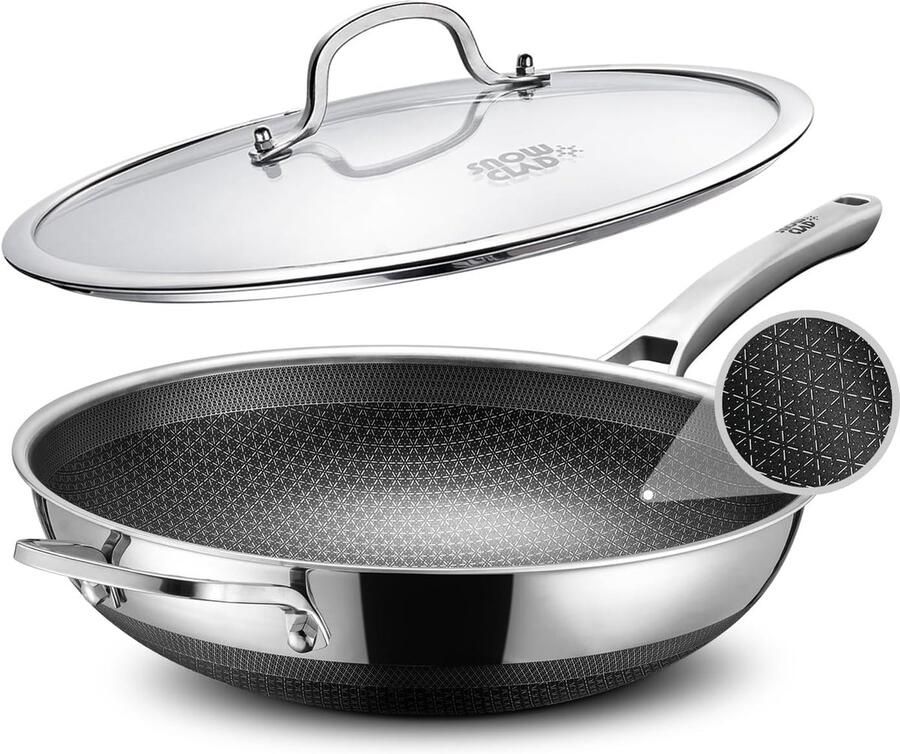 Wokpan met Deksel Roerbakpan Hybride Snel Koken Antiaanbaklaag Honingraat 30 cm Roestvrij staal