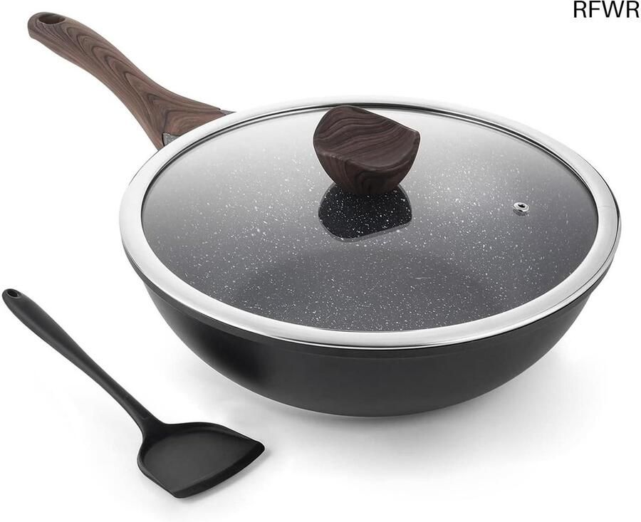 Wokpan met Deksel Roerbakpan Gezond Koken Antiaanbaklaag 30 cm Zwart