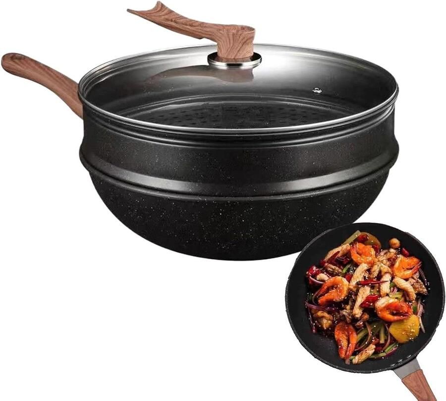 Wokpan Met Deksel Roerbakpan Keuken Veelzijdig Koken Antiaanbak Steenafwerking 32 cm Zwart