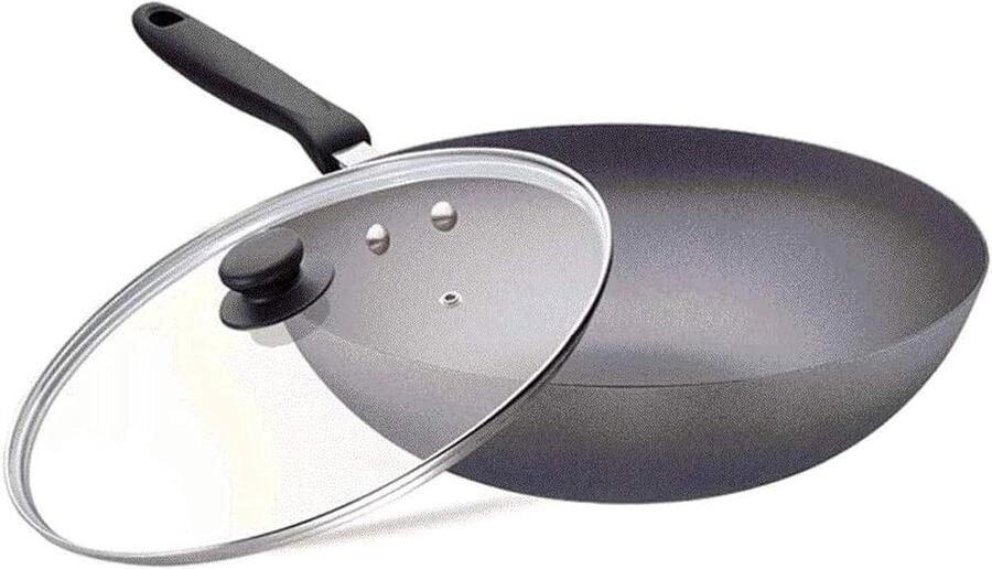 Wokpan met Deksel Roerbakpan Koekenmand Gezond Koken Hoogwaardige Antiaanbaklaag 30 cm Diameter Zwart