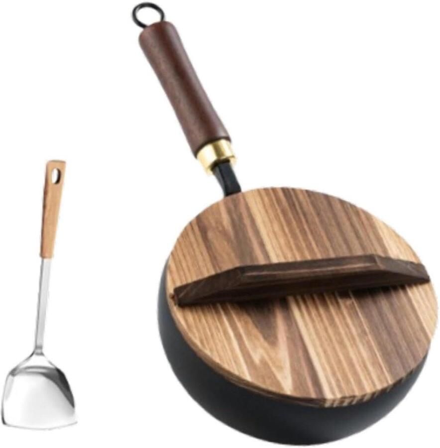 Wokpan met Deksel Roerbakpan Koekenpan Aziatisch Koken Niet-gecoat IJzer 20 cm Zwart