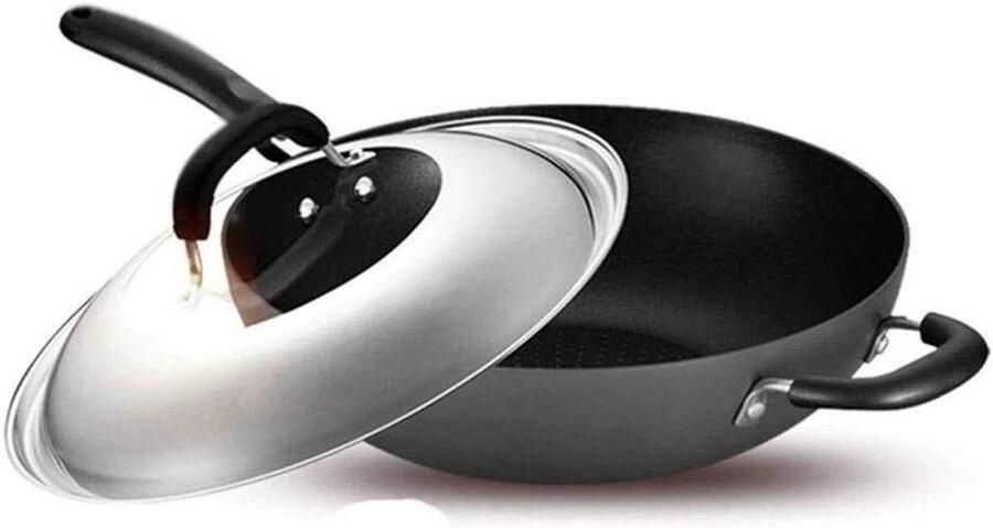 Wokpan met deksel Roerbakpan Koekenpan Gelijkmatig Koken Antiaanbaklaag Platte bodem Zwart