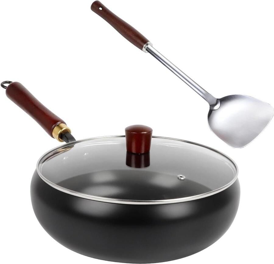 Wokpan met Deksel Roerbakpan Koekenpan Gezond Koken Ongecoat IJzer 28 cm Zwart