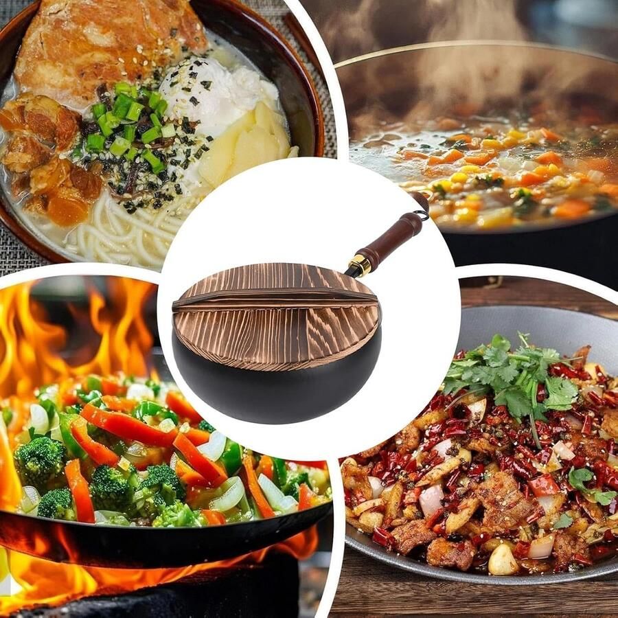 Wokpan met Deksel Roerbakpan Koekenpan Gezond Koken Ongecoat Koolstofstaal 24 cm Zwart