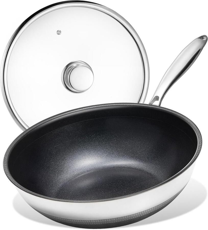Wokpan met deksel Roerbakpan Multifunctioneel koken Titanium keramische coating 305 cm Zwart