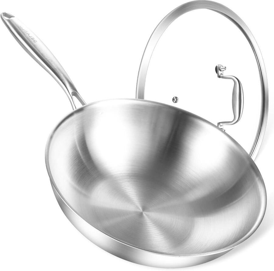Wokpan met deksel Roerbakpan RVS Gezond Koken Drielaags Metaal 33 cm Zilver