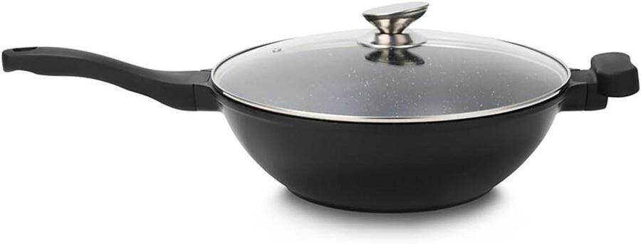Wokpan met deksel Roerbakpan Snel koken Aluminium warmtegeleiding 32 cm Zwart