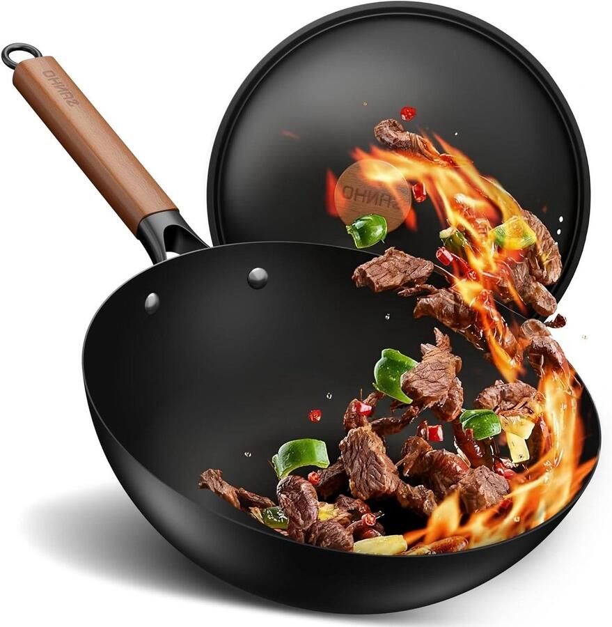 Wokpan met deksel Roerbakpan Snel koken Platte bodem 30 cm Zwart
