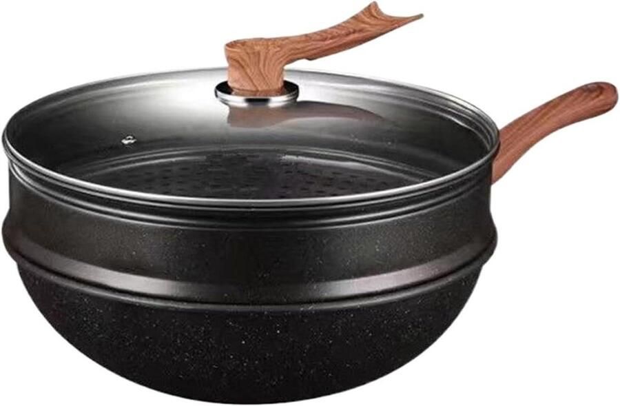 Wokpan Met Deksel Roerbakpan Stoompan Veelzijdig Koken Anti-aanbak Steen Coating 32 Cm Zwart