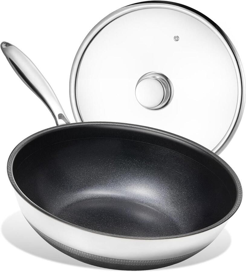 Wokpan met deksel Roerbakpan Veelzijdig Koken Titanium keramische coating 305 cm Zwart