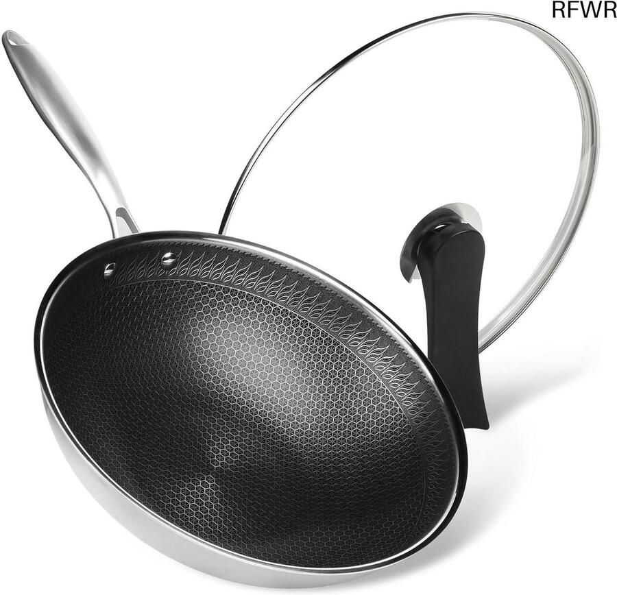 Wokpan Met Deksel Roestvrij Staal Gezond Koken Honingraat Structuur 32 cm Zilverkleurig