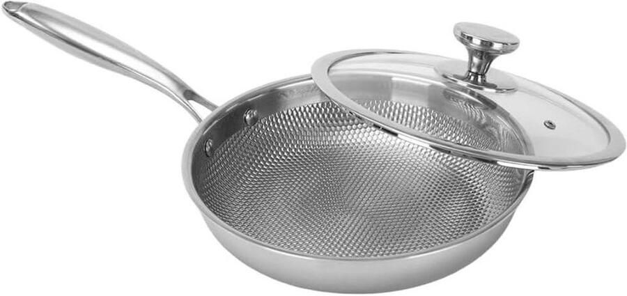 Wokpan met deksel Roestvrijstalen pan Koekenpan Koken en braden Gehamerd antiaanbak oppervlak 30 cm Zilver