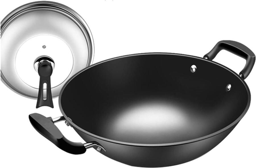 Wokpan met Dubbele Oor Wok Pan Koken op Inductie Zuiver IJzer Materiaal 36 cm Zwart
