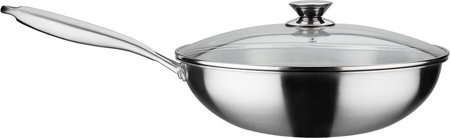 Wokpan met deksel Oosterse pan Veelzijdig koken Drielaags materiaal 32 cm Zilverkleurig