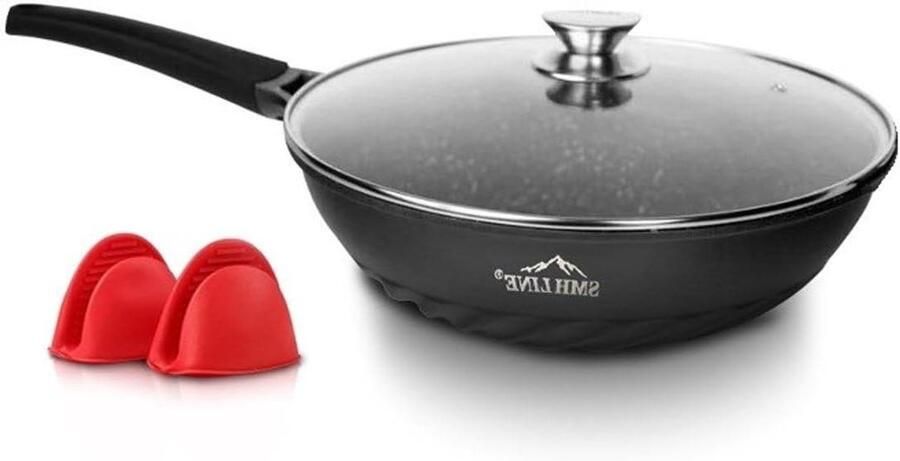 Wokpan met Glazen Deksel Koekenpan Koopmanspan Gezond Koken PFOA-vrij Non-stick 28-32 cm Zwart