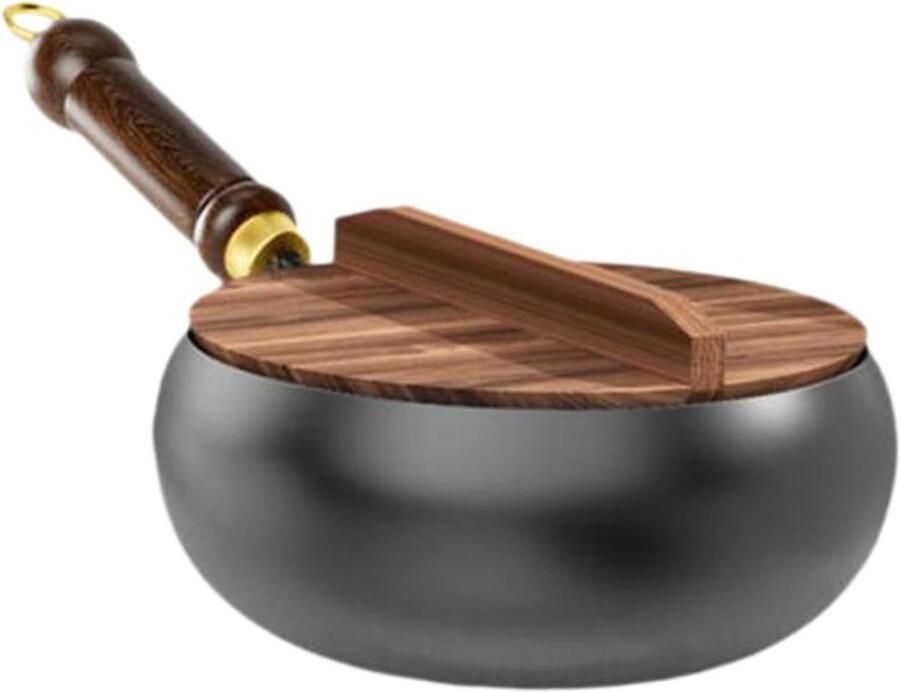 Wokpan met platte bodem Roerbakpan ijzer Snel koken Gelijkmatige warmteverdeling 24 cm Zwart met houten deksel