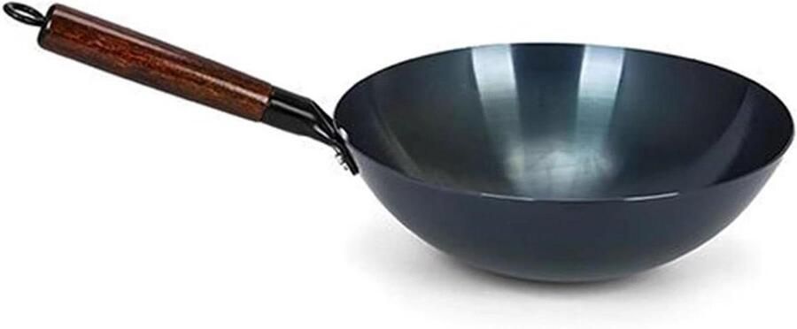 Wokpan met Ronde Bodem Roerbakpan Authentiek Koken Ongecoat IJzer 34cm Zwart