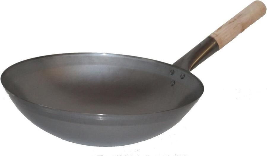 Wokpan met steel Roerbakpan Aziatisch koken Robuust koolstofstaal 33 cm diameter Zwart