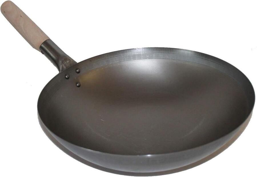 Wokpan met steel Roerbakpan Aziatisch koken Ronde bodem koolstofstaal 30 cm diameter Zwart