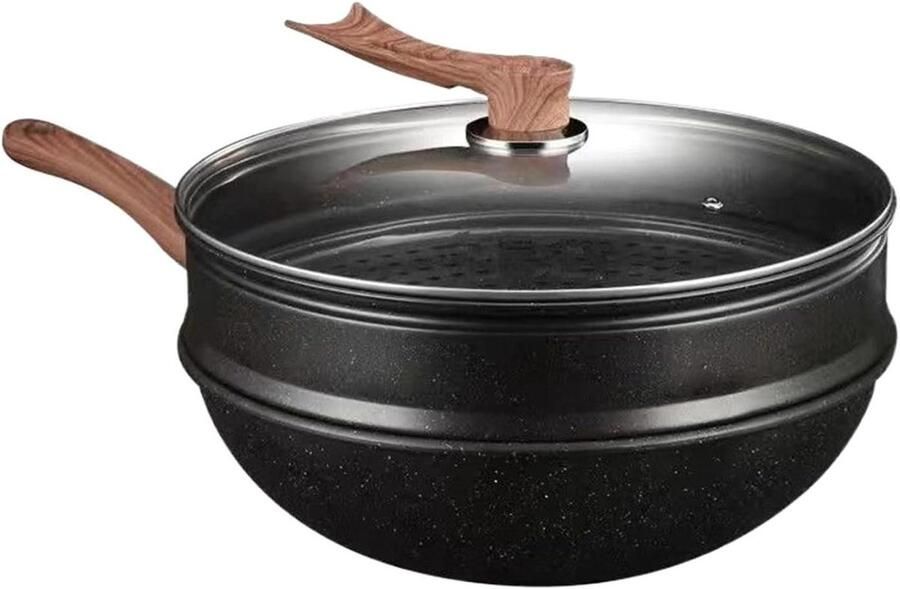 Wokpan Met Stoommandje Roerbakpan Aziatisch Koken Anti-aanbak Laag 32 Cm Zwart