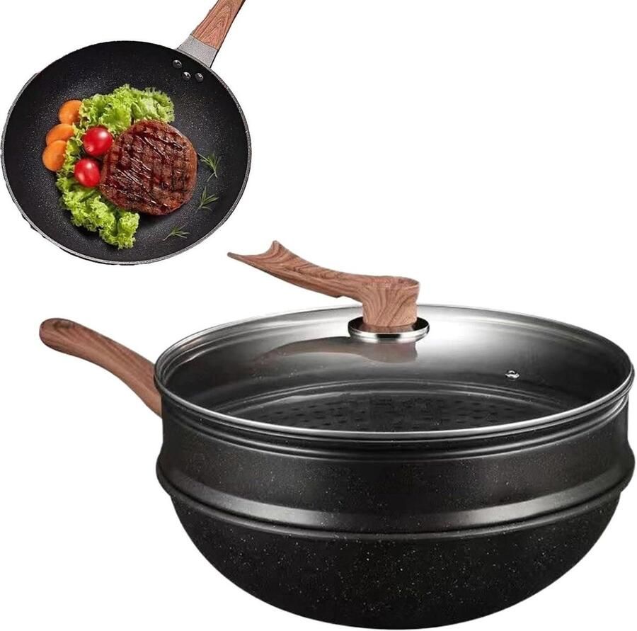 Wokpan met Stoommandje Wok Roerbakpan Aziatisch Koken Antiaanbak Steenafwerking 32 cm Zwart