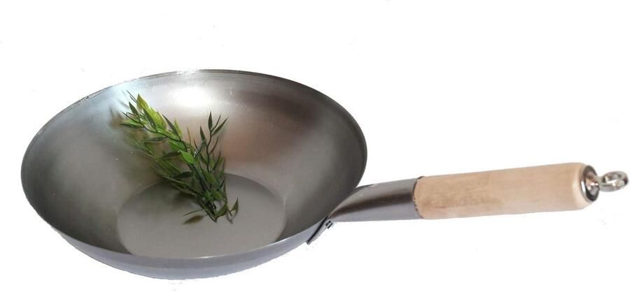 Wokpan platte bodem Koekenpan Aziatisch koken Koolstofstaal met houten handvat Ø 31 cm Zwart