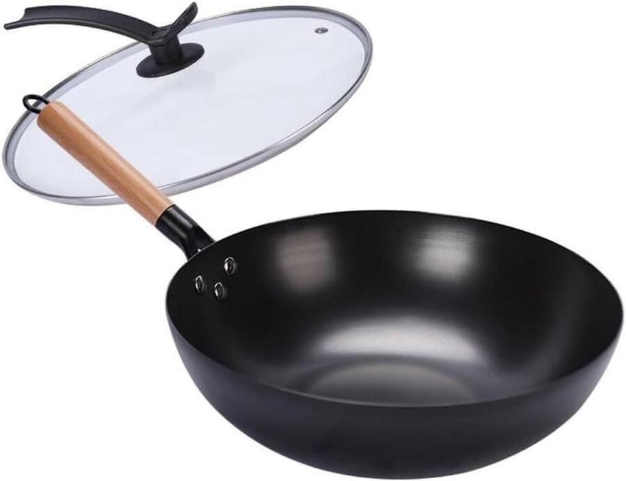 Wokpan Platte Bodem Roerbakpan Chinese Heerlijk Koken Hittebestendige Handgreep 34CM Zwart