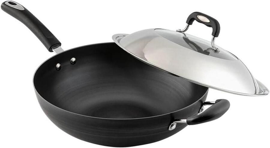 Wokpan Platte Bodem Roerbakpan IJzer Snel Koken Ankerspijker Ontwerp D 32CM Zwart