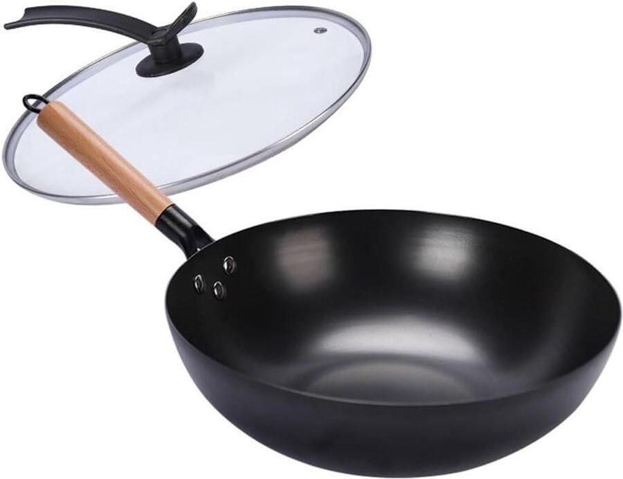 Wokpan Platte Bodem Roerbakpan IJzer Traditioneel Koken Antiaanbaklaag 32CM Diameter Zwart