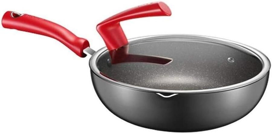 Wokpan Platte Koekenpan Antiaanbak Wok Lekker Koken Maifan Steen Coating 28cm Diameter Zwart