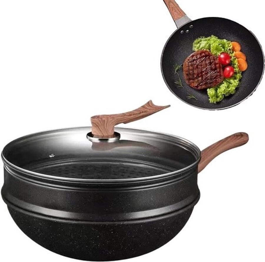 Wokpan Met Stoommandje Roerbakpan Braadpan Veelzijdig Koken Anti-aanbak Steen Materiaal 32 Cm Doorsnede