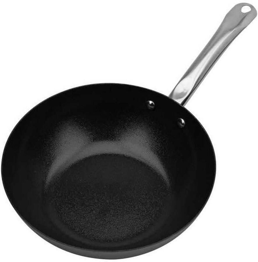 Wokpan Roerbakpan Snel Koken Extra Zwaar Koolstofstaal 28 cm Diameter Zwart
