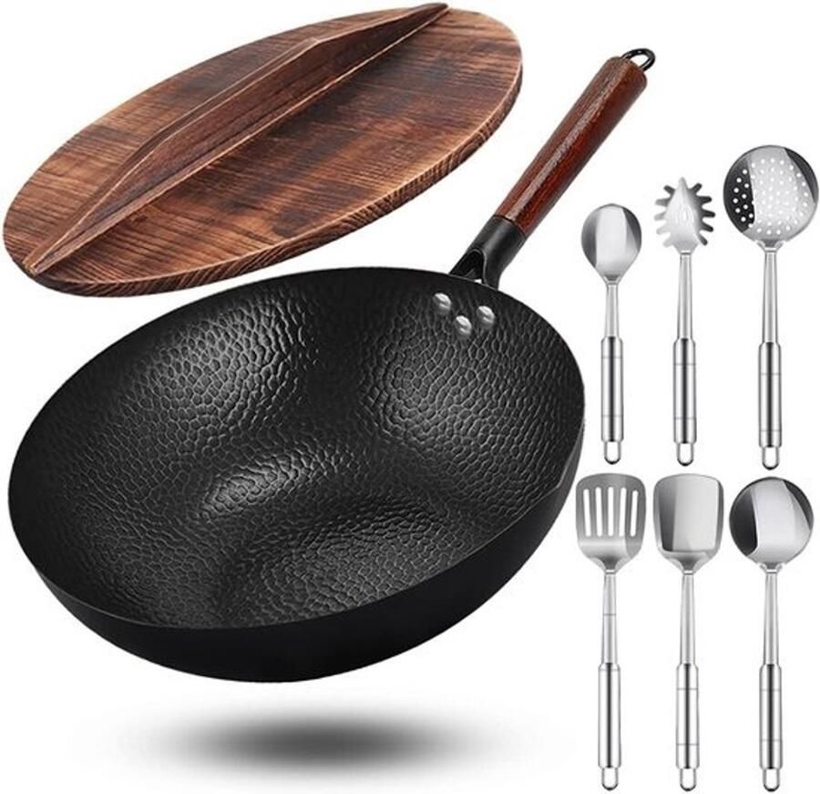 Wokpan Roerbakpan Thuis koken Inclusief 6 accessoires 30 cm diameter Zwart
