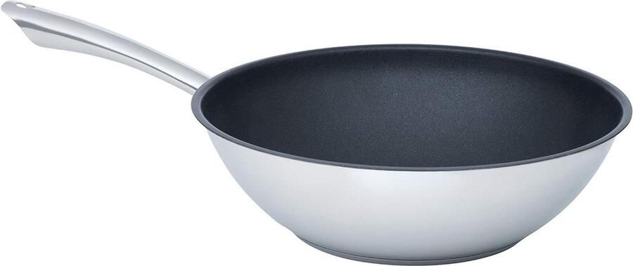 Wokpan Roestvrij Staal Diepe Koekenpan Aziatisch Koken Antiaanbaklaag Keramisch 28 cm Diameter Zilverkleurig