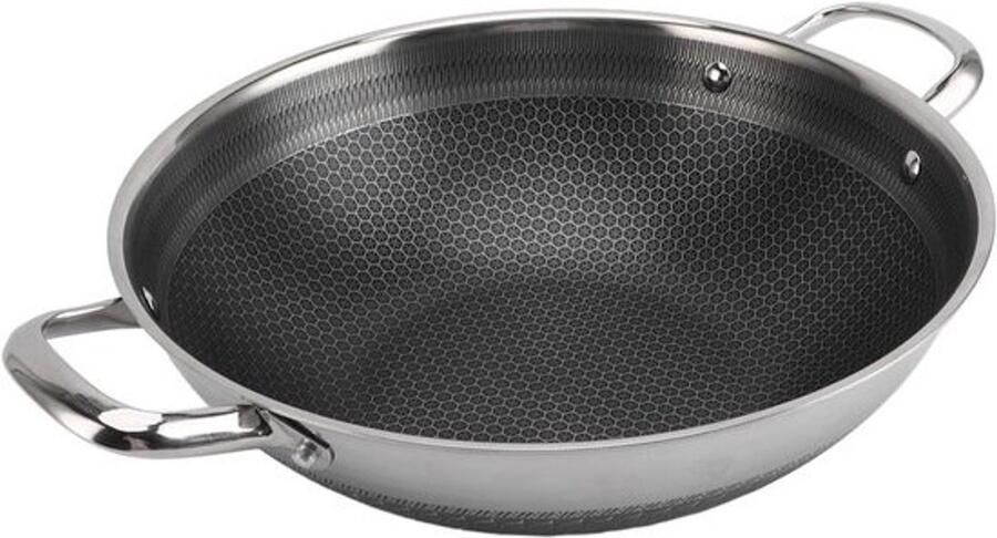 Wokpan Roestvrij Staal Koekenpan Anti-aanbak Gelijkmatig Koken Dubbele Handgreep 28 cm Zilver