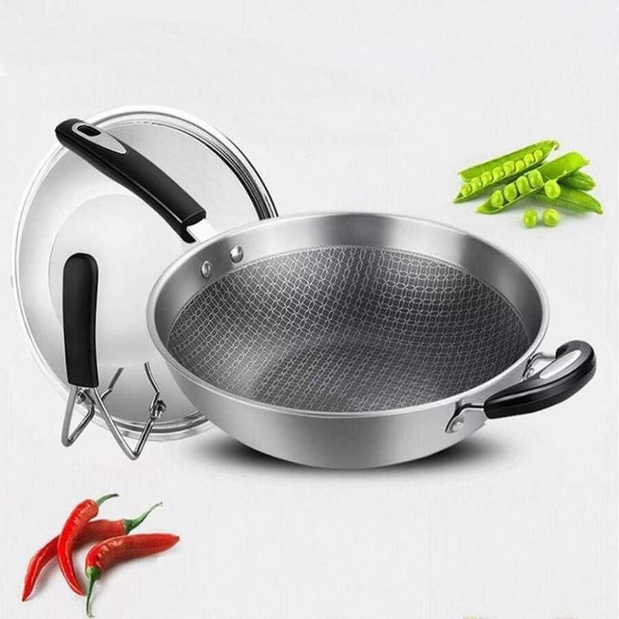 Wokpan Roestvrij Staal Koekenpan Antiaanbak Gezond Koken Gelijkmatige Warmteverdeling 32cm Zilver