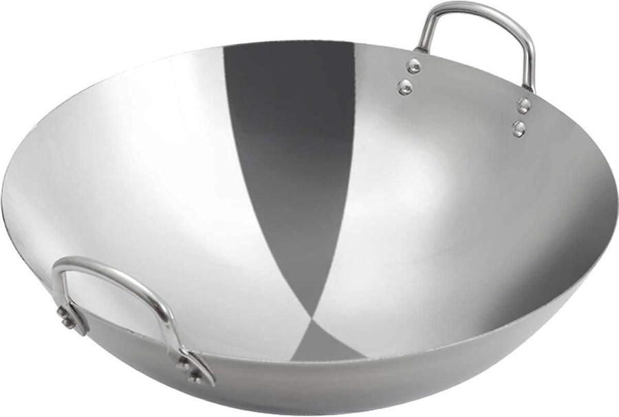 Wokpan Roestvrij staal Koekenpan Aziatisch Koken Traditionele Ronde Bodem 30 cm Zilverkleurig