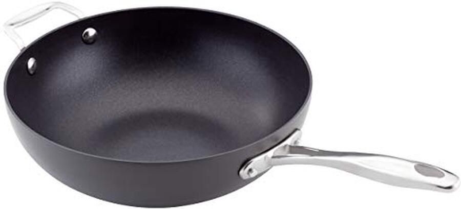 Wokpan Roestvrij Staal Koekenpan Aziatisch Snel Koken Ovenbestendig 24 cm Zwart