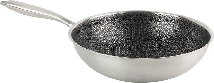 Wokpan Roestvrij Staal Koekenpan Diep Aziatisch Koken Krasbestendige Structuur 30 cm Zilverkleurig