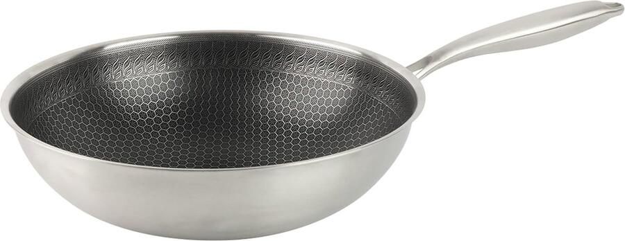 Wokpan Roestvrij Staal Koekenpan Diep Aziatisch Koken Krasbestendige Structuur 30 cm Zilverkleurig